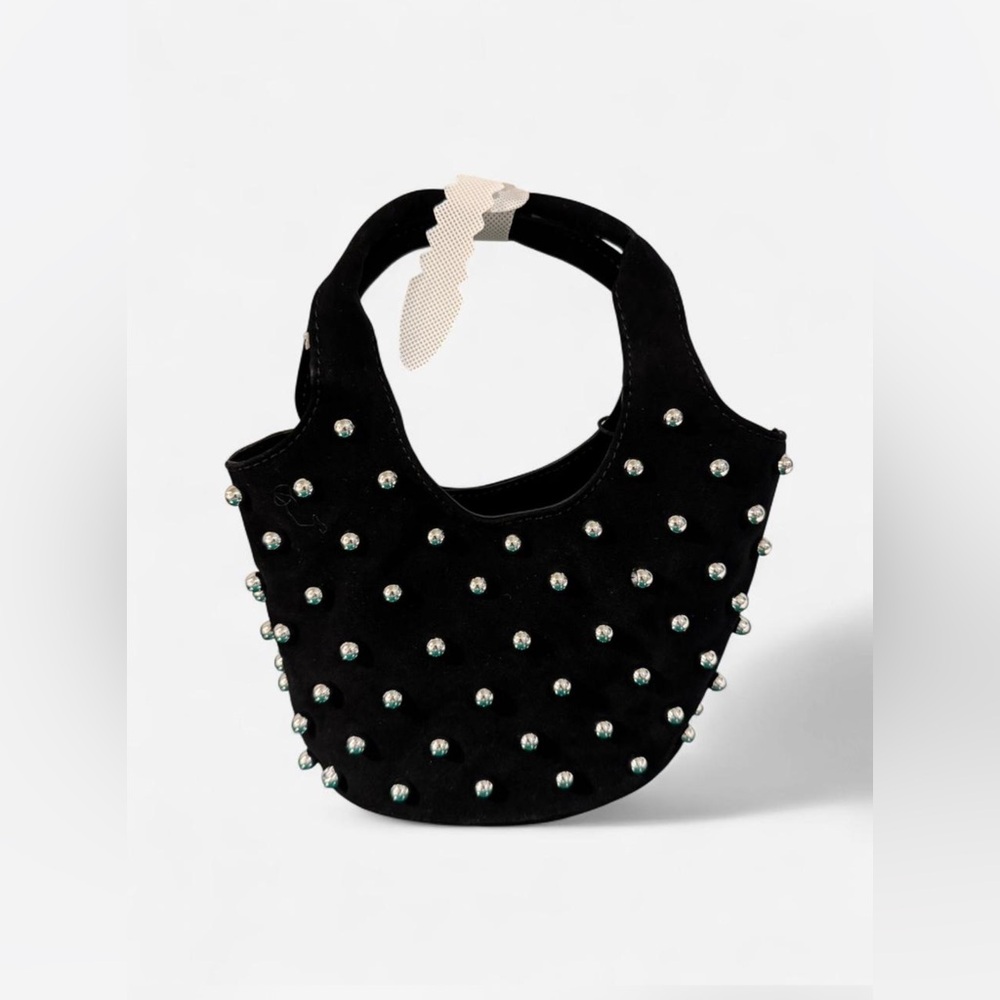 🆕 Mango Mini Suede Like Studded Black Handbag with Strap - Picture 2 of 5